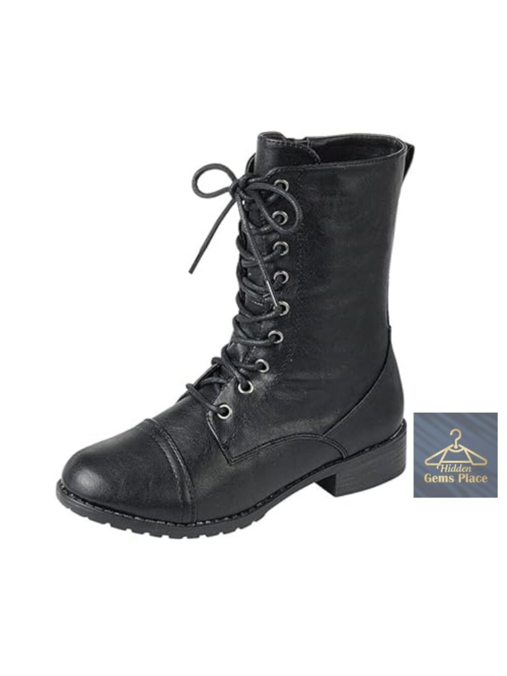 Women's Vegan PU Ankle Combat Boots with Lace Up & Side Zip